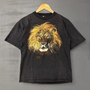 Vintage Planet Earth Nature Shirt Black Lion Graphic Faded Tee Large